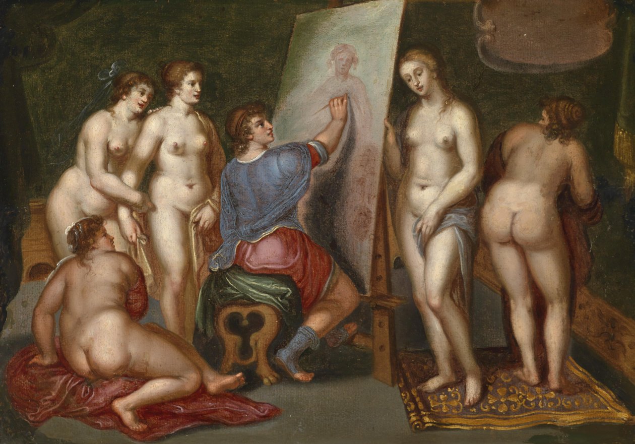 Um pintor pintando um nu feminino de Unbekannt Unbekannt