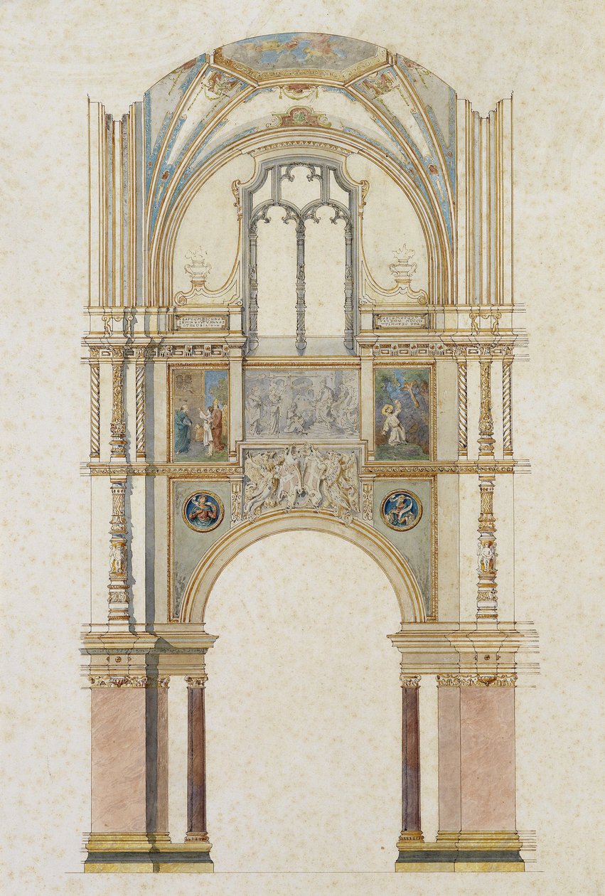 Projeto para o jugo lateral de uma igreja com afrescos da vida de São Francisco, caneta aquarela e desenho de tinta de Unbekannt Unbekannt
