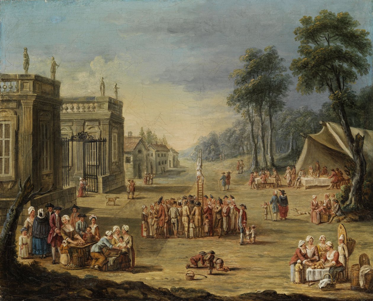 Courtly garden party com uma tenda e um artista em espanto. de Unbekannt Unbekannt