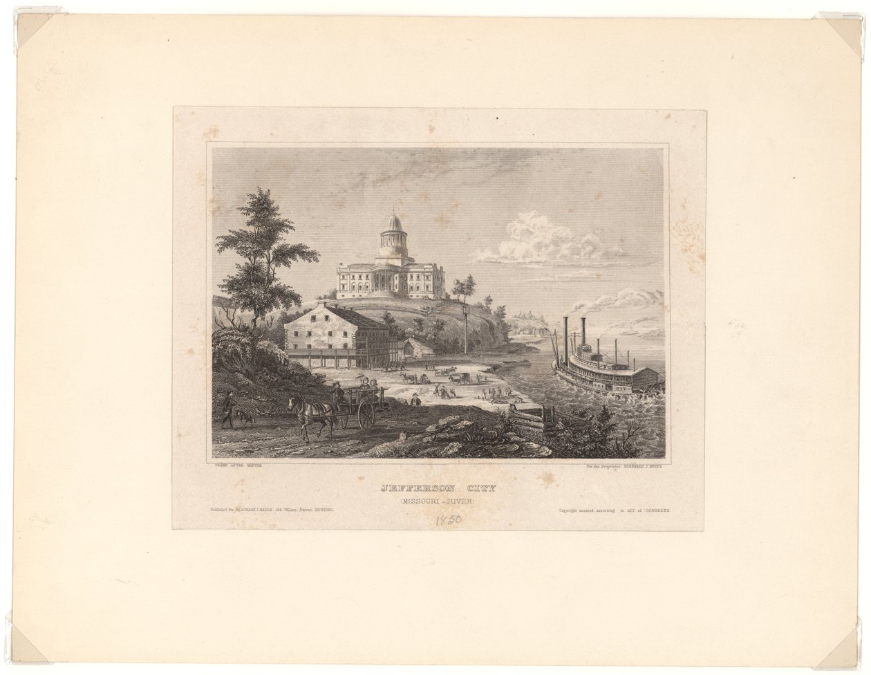 Gravura em aço horizontal mostrando uma vista da cidade de Jefferson ao lado do rio Missouri. O Edifício do Capitólio fica em uma colina ao fundo. Um barco a vapor está no rio Missouri à direita e um cavalo puxa uma carroça em primeiro plano de Unbekannt Unbekannt