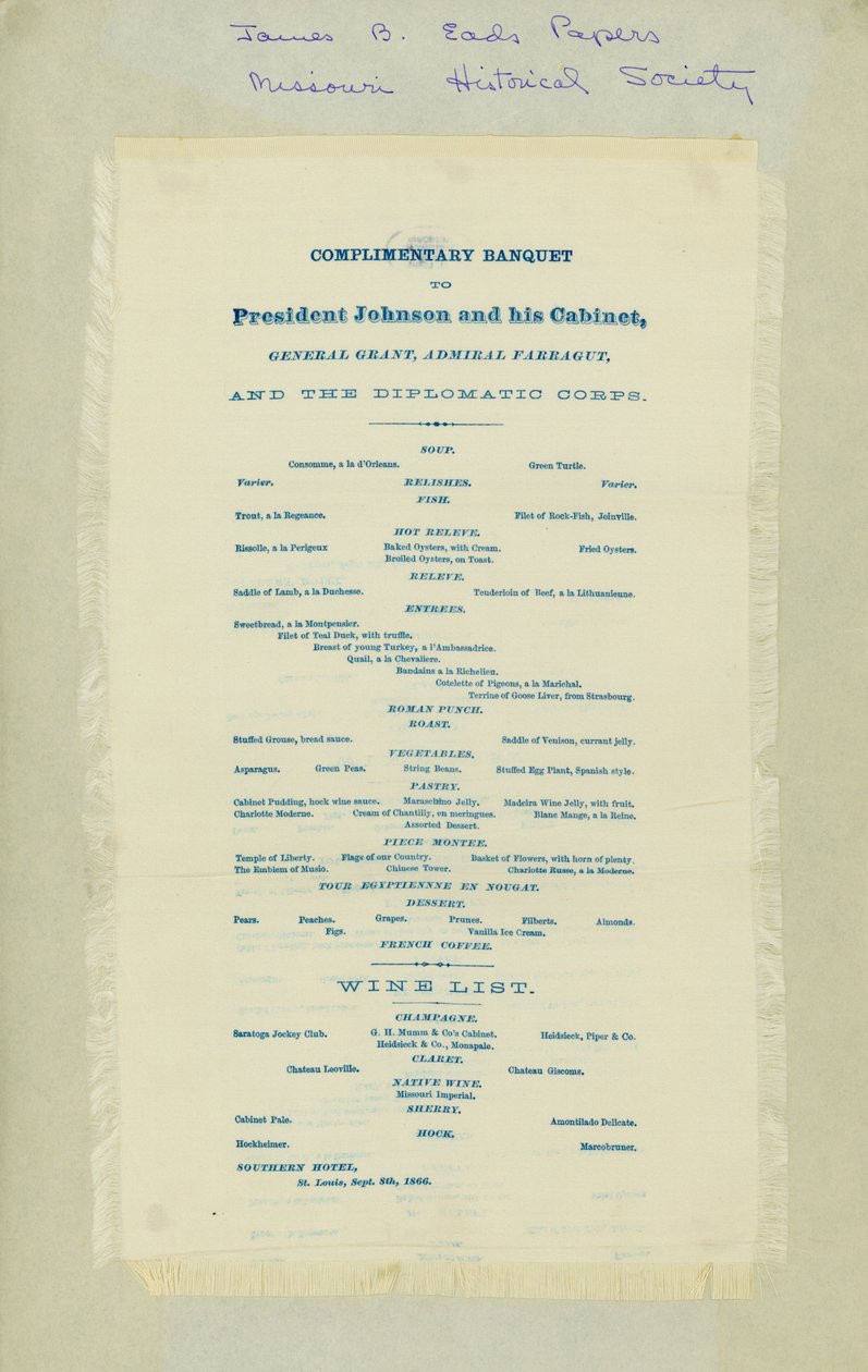 Inclui menu e envelope para o jantar para homenagear Andrew Johnson e outros funcionários. Impresso em seda de Unbekannt Unbekannt