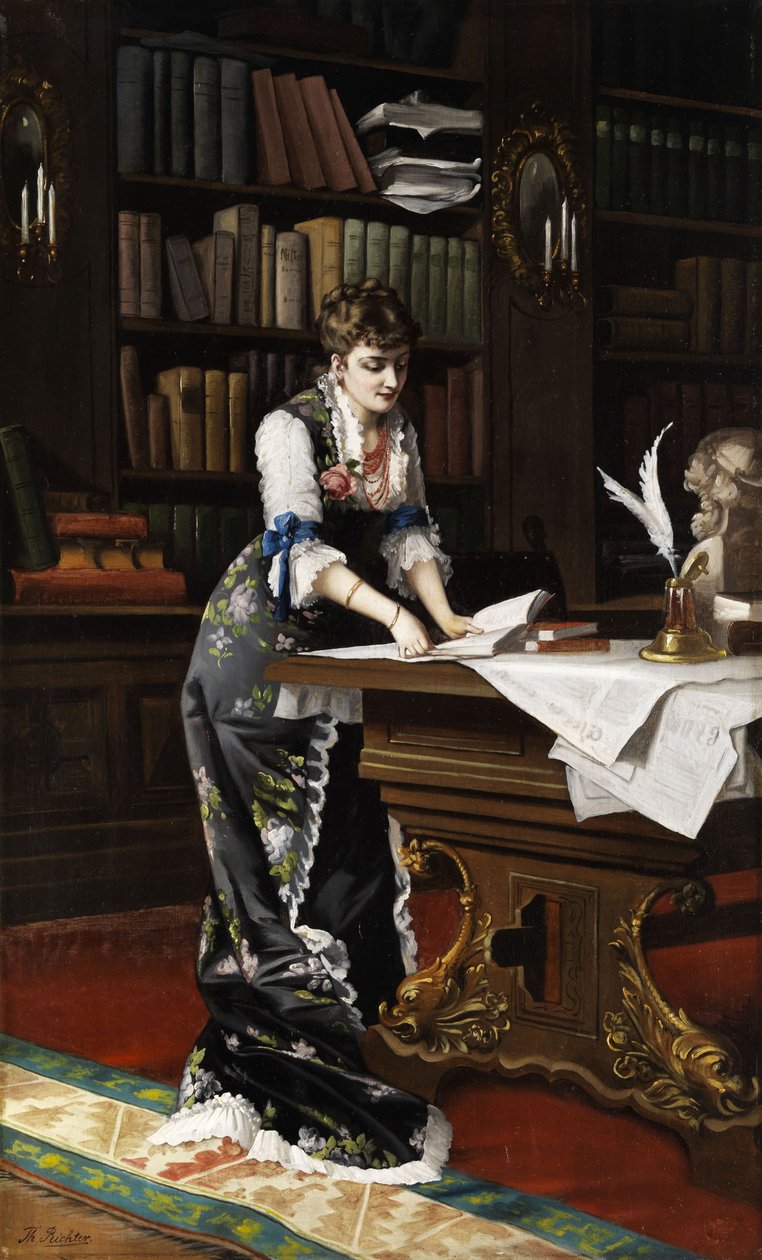 Mulher jovem, enquanto, leitura, em, um, biblioteca, sala de Unbekannt Unbekannt