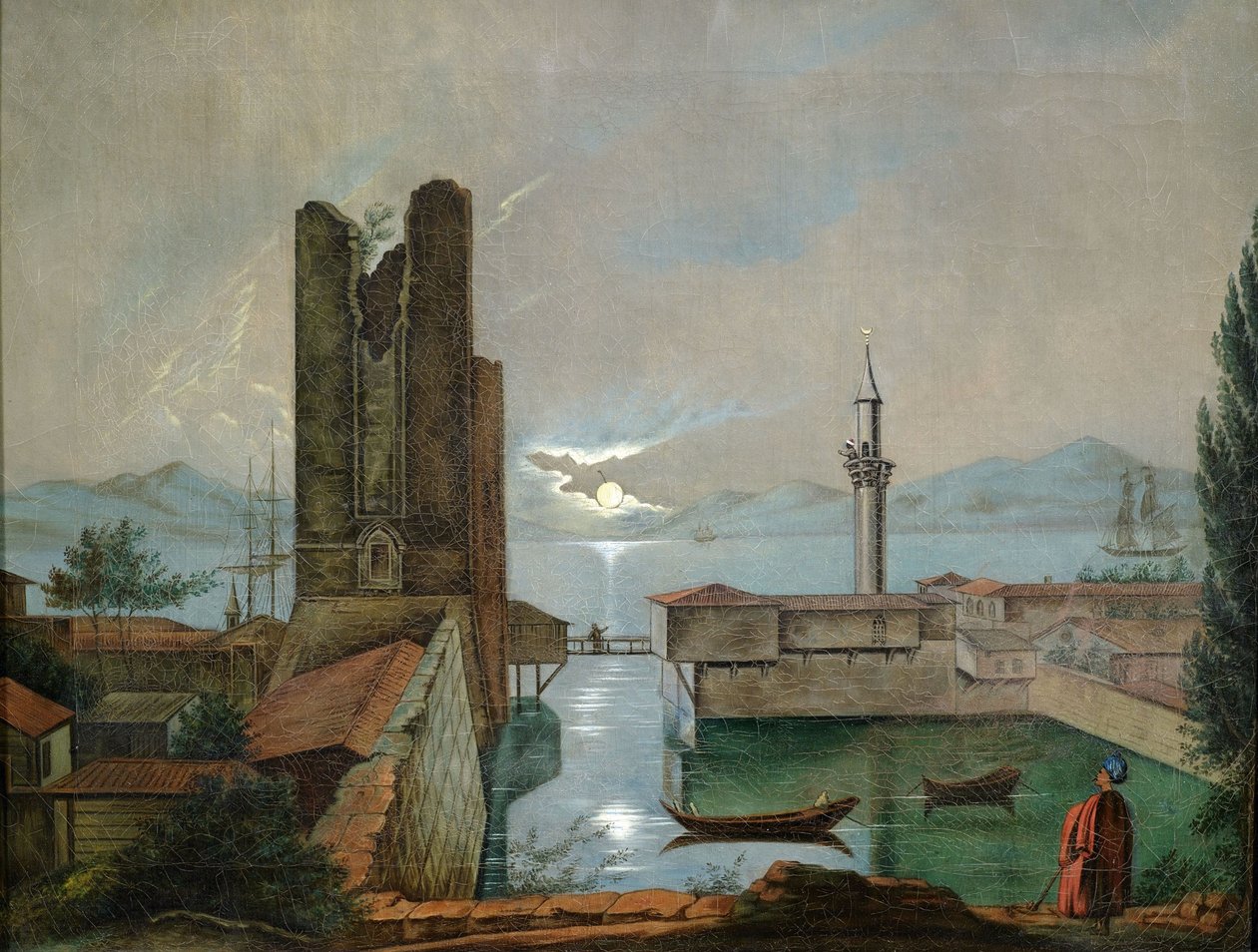 Pequeno porto com torre antiga fortaleza ao luar no Levante de Unbekannt Unbekannt