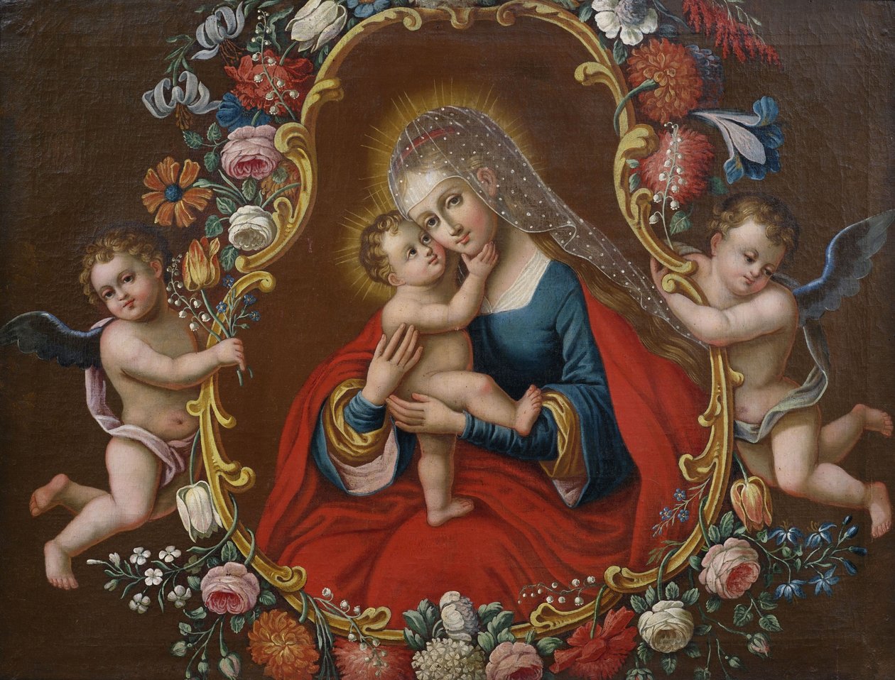 Maria com a criança (tipo Maria Hilf nach Cranach), emoldurada por uma guirlanda de flores usada por anjos de Unbekannt Unbekannt