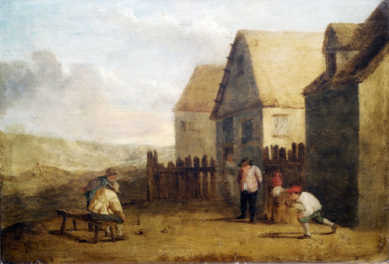 Camponeses jogando boliche na frente de uma taverna. de Unbekannt Unbekannt