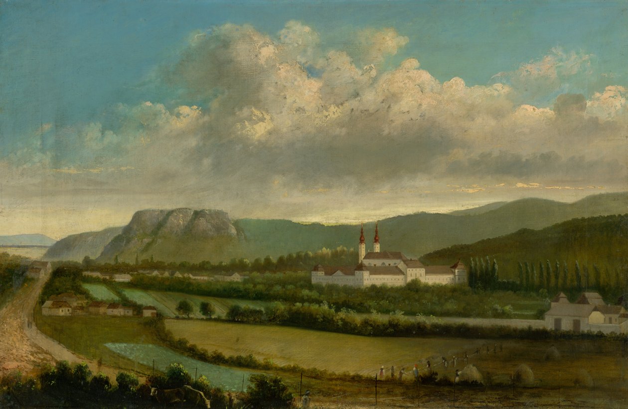 Vista de Jasov com mosteiro em primeiro plano de Unbekannt Unbekannt