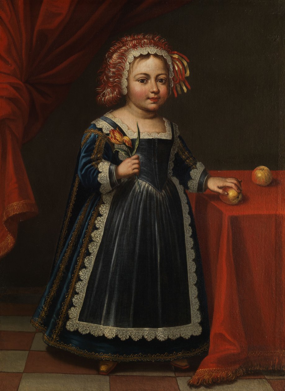 Retrato de uma criança com tulipa e maçã. de Unbekannt Unbekannt
