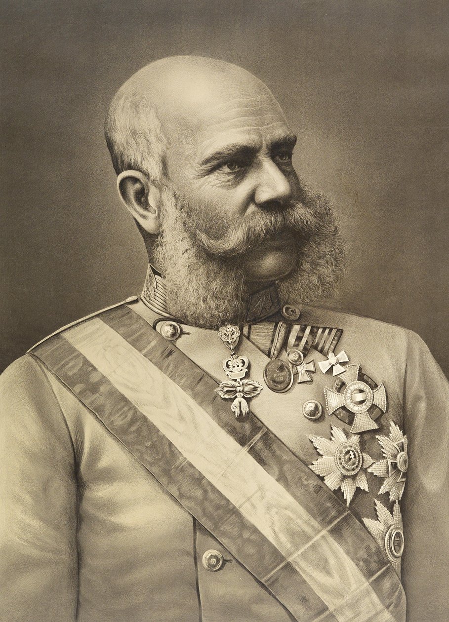 Litografia do retrato do imperador Franz Joseph I em uniforme com decorações de Unbekannt Unbekannt