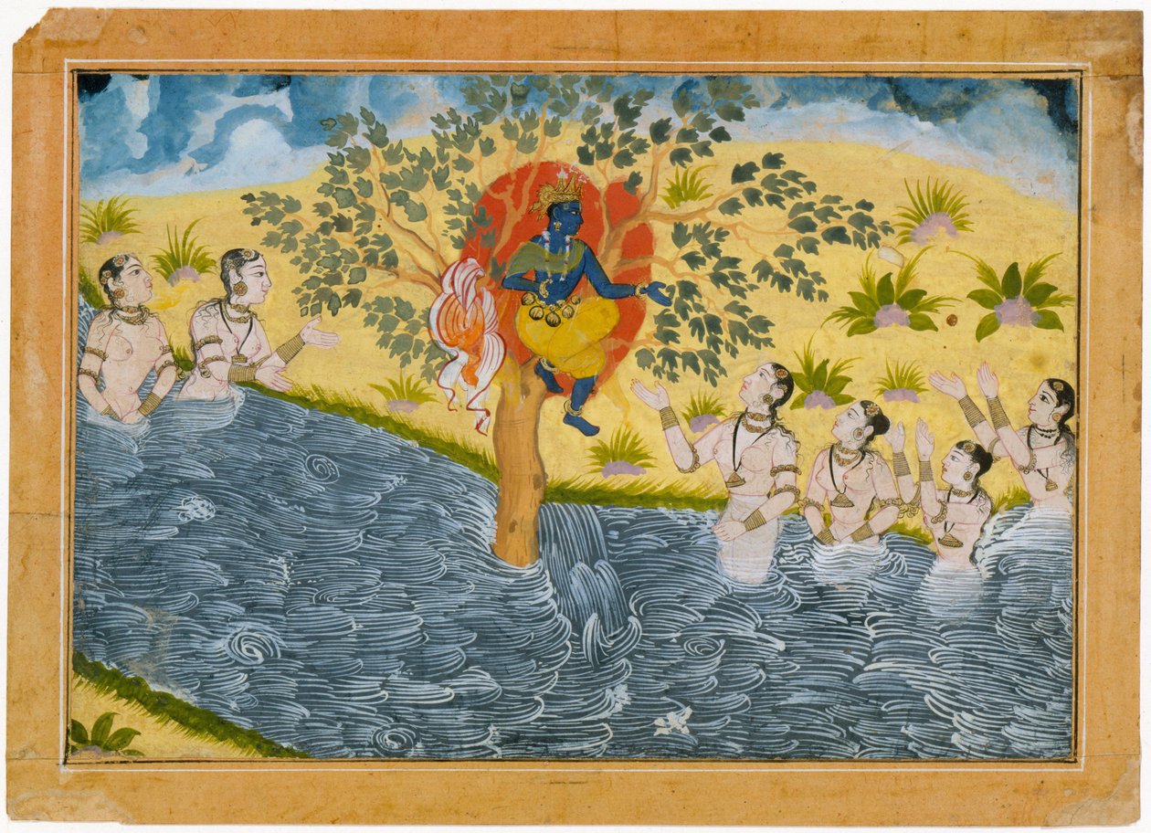 As Gopis imploram a Krishna que devolva sua roupa. Folio de uma série Bhagavata Purana (Histórias antigas do Senhor Vishnu). de Unbekannt Unbekannt