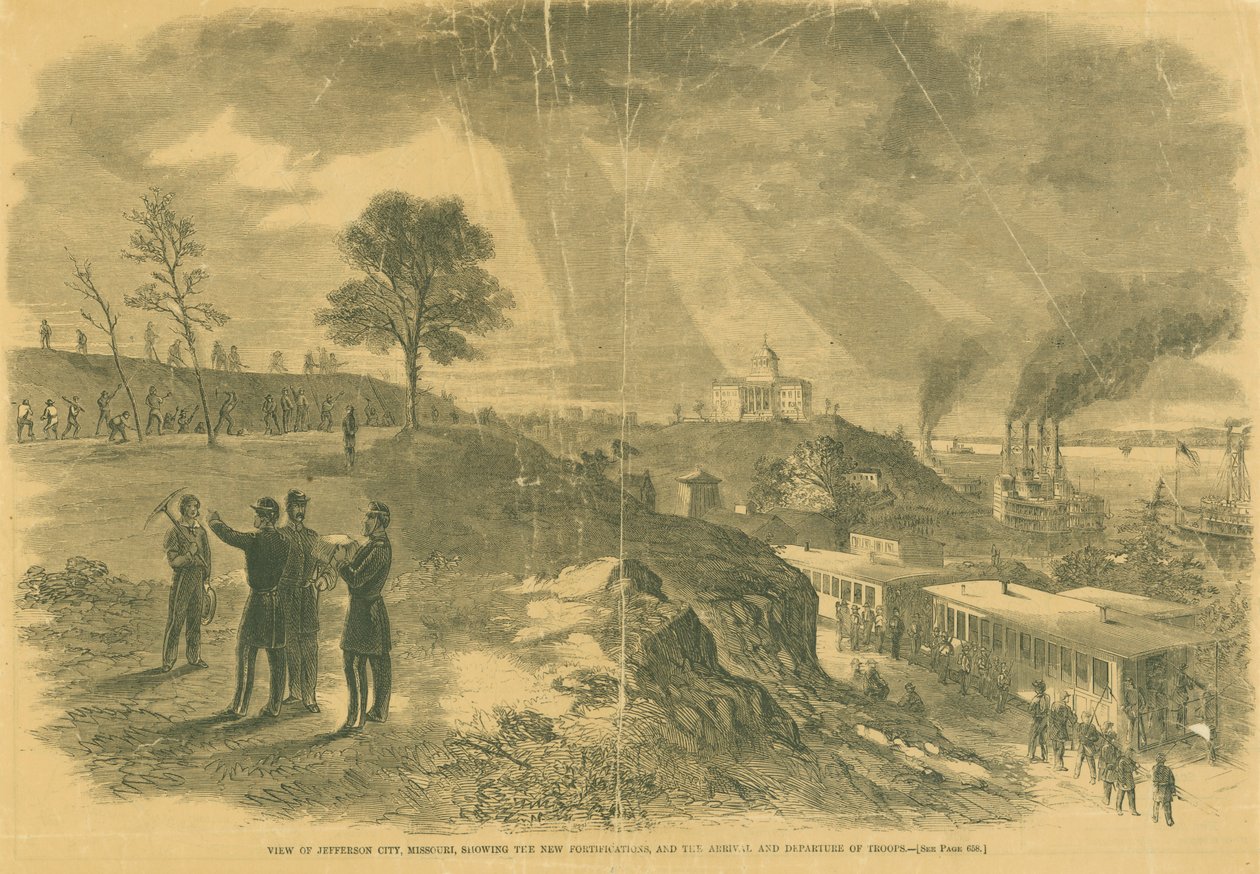 Vista de Jefferson City, Missouri, mostrando as novas fortificações e a chegada e partida das tropas. de Unbekannt Unbekannt
