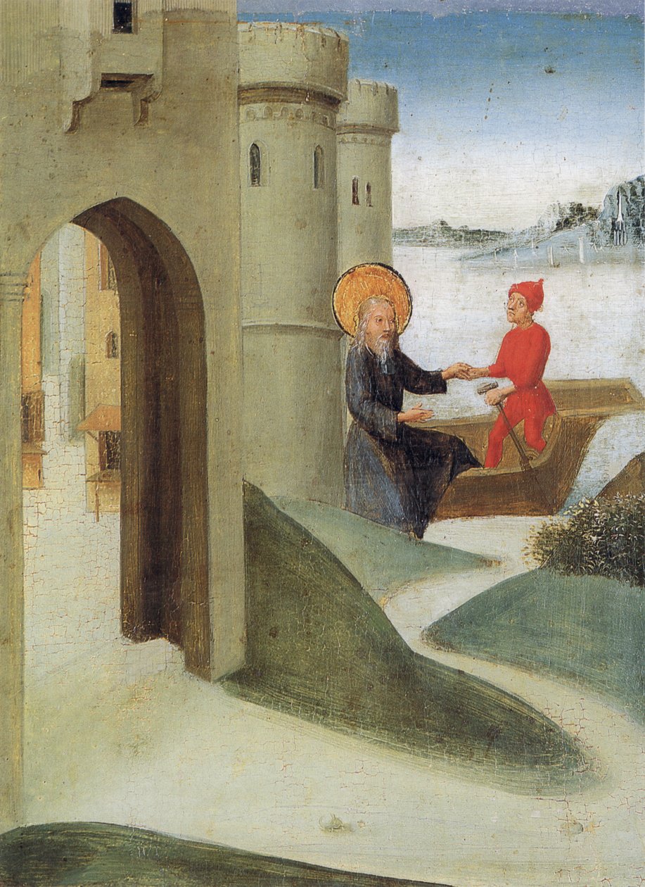 Weingartener Heilig-Blut-Tafel de 1489. Landesmuseum Württemberg, Stuttgart. Ilustração 4: Longinus sai de Jerusalém e viaja para a Itália em um navio de Unbekannt Unbekannt