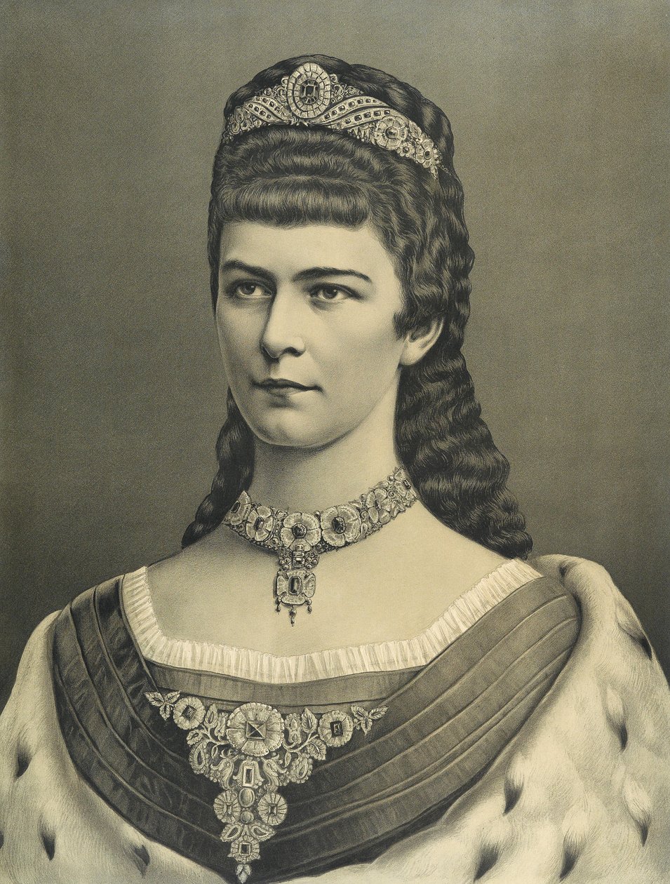 Litografia de retrato Imperatriz Elisabeth com conjunto de jóias de rubi de Unbekannt Unbekannt
