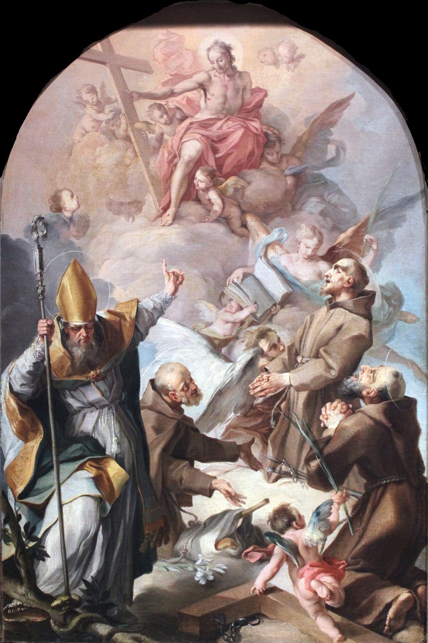 Três santos capuchinhos e um bispo que adoram a Cristo e a cruz de Unbekannt Unbekannt