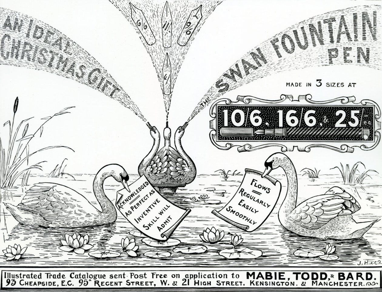 Anúncio para Swan Fountain Pens, de um catálogo de comércio ilustrado, c.1900-10 de Unbekannt Unbekannt