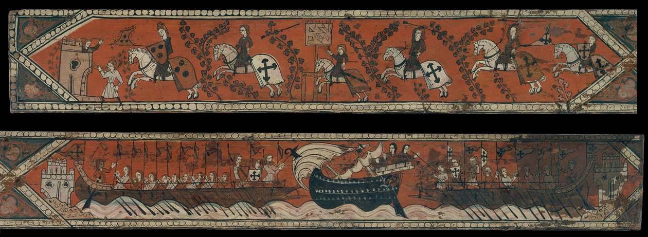 Painel de teto com cavaleiros, galés e um barco com uma alta gunwale de Unbekannt Unbekannt