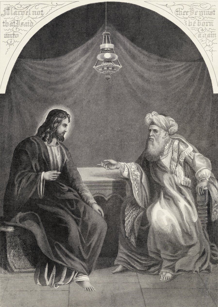 Cristo e Nicodemos, gravados por S. Allen, de "A Bíblia da Família Ilustrada Nacional", publicado em 1870 de Unbekannt Unbekannt