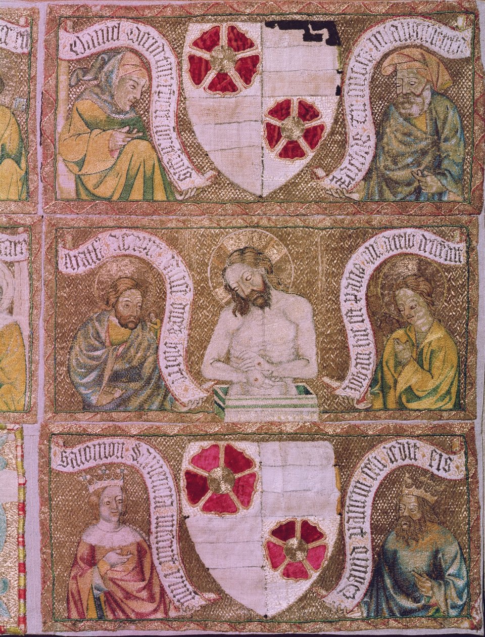 Cristo como o homem das dores com São Mateus e São João com os profetas e reis do Antigo Testamento, detalhe do altar do altar de Trebon, Boémia, c.1370-1380 (seda dividida no fundo de ouro de Unbekannt Unbekannt