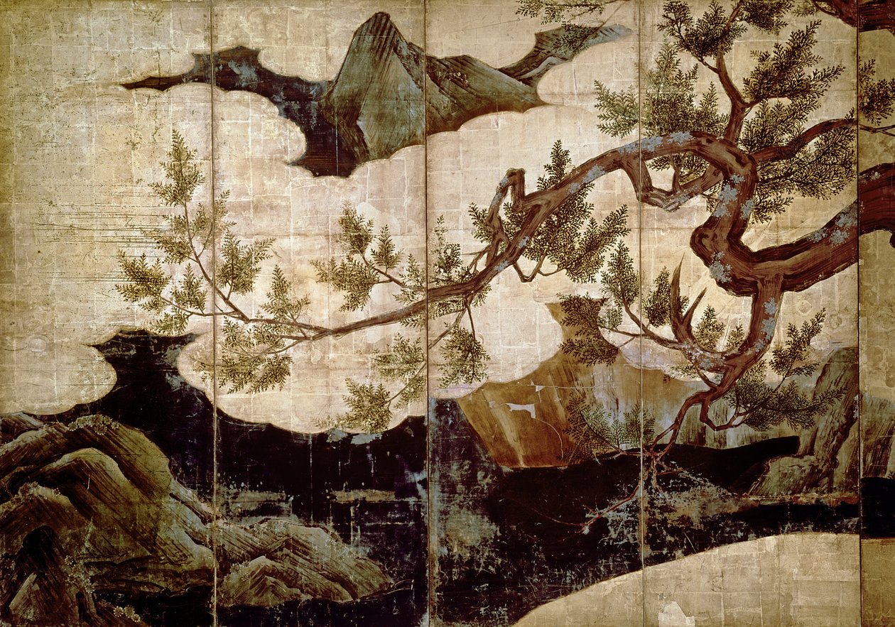 Cipreste por Kano Eitoku, período de Muromanchi (1368-1573) (de uma tela de oito pregas, cor em papel folheado a ouro) de Unbekannt Unbekannt