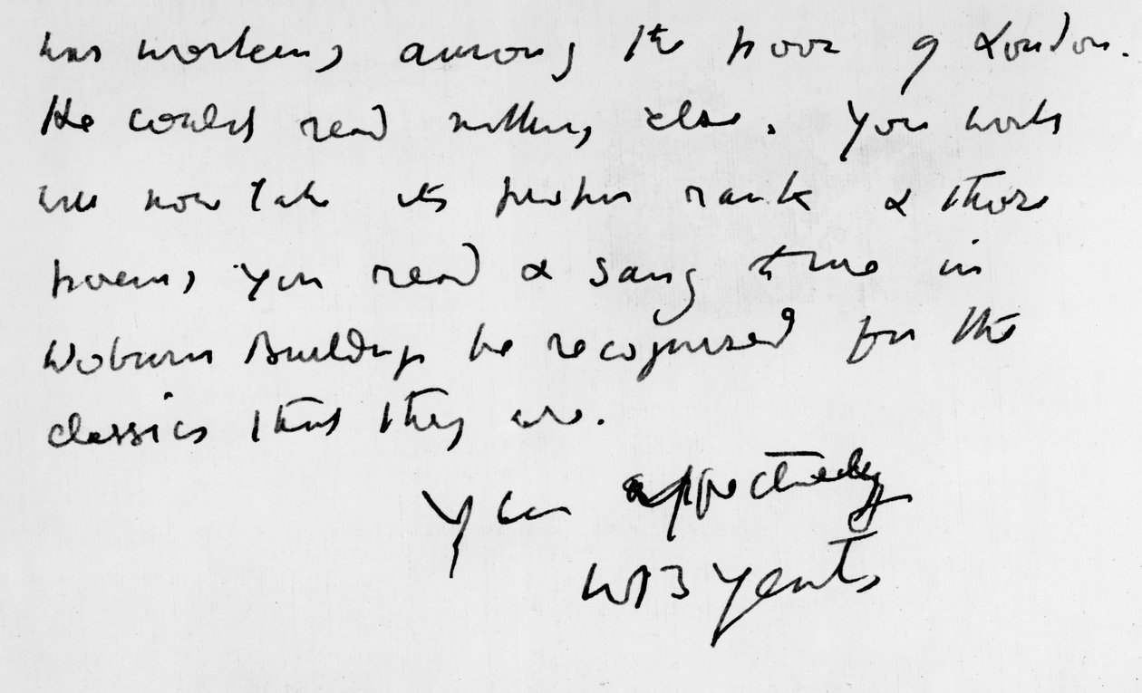 Extrato de uma carta escrita por WB Yeats (1865-1939) de Unbekannt Unbekannt