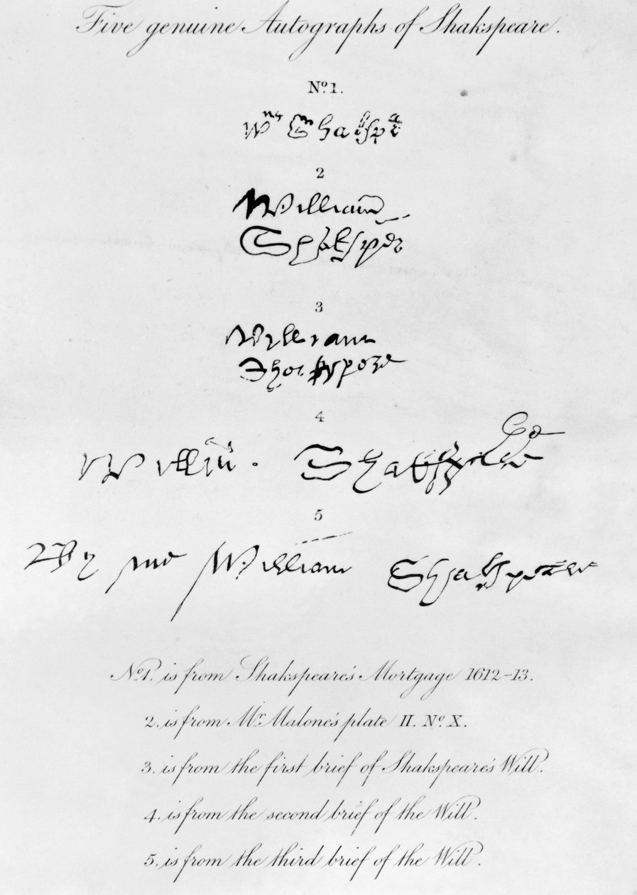 Cinco autógrafos genuínos de William Shakespeare (1564-1616) de Unbekannt Unbekannt
