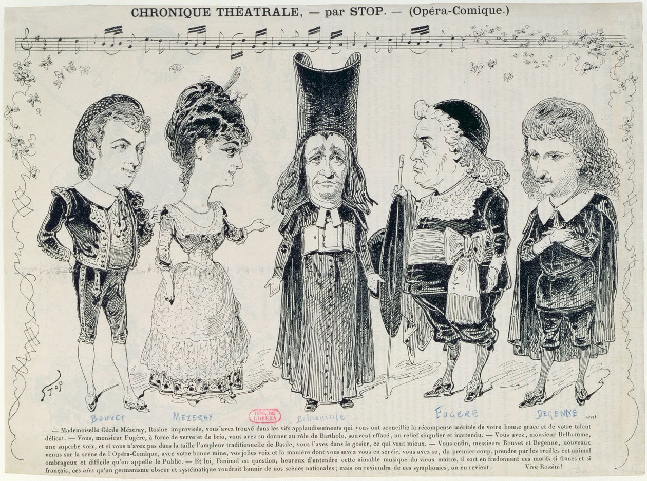 Cinco caricaturas do elenco de uma produção francesa de "O Barbeiro de Sevilha", de Gioachino Rossini (1792-1868) de Unbekannt Unbekannt