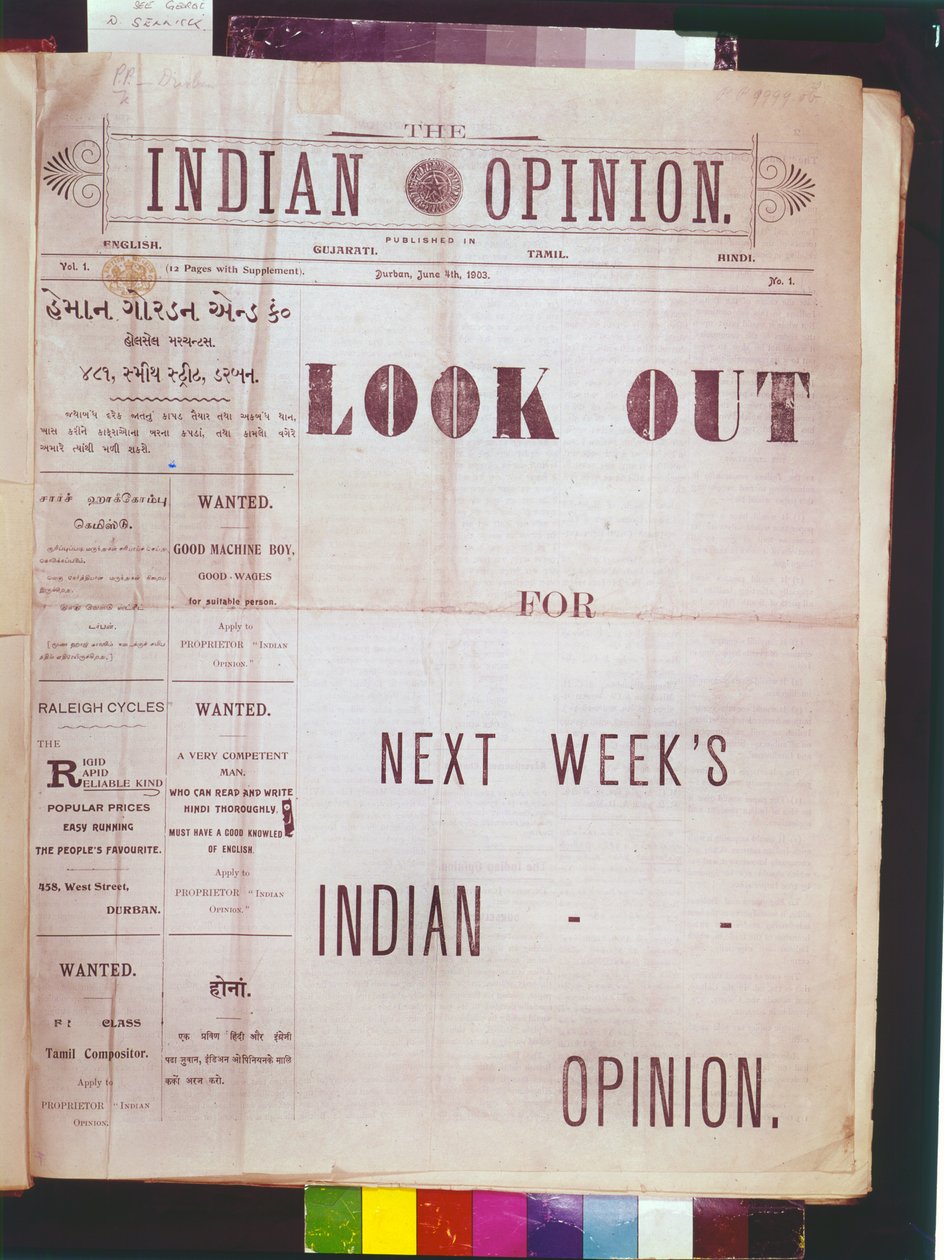 Primeira página da primeira edição de &39;The Indian Opinion&39;, 4 de junho de 1903 (papel de jornal) de Unbekannt Unbekannt