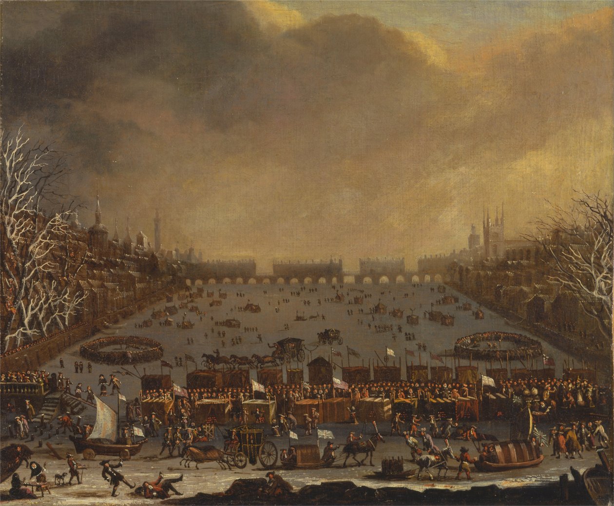 Frost Fair no Tamisa, com a Old London Bridge à distância de Unbekannt Unbekannt