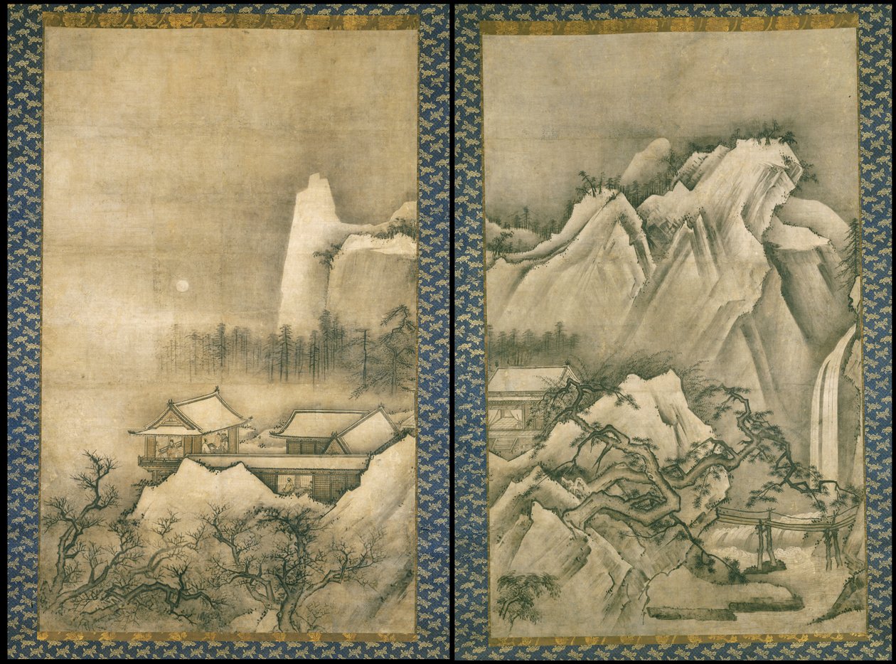 Japonês - Pavilhões em uma paisagem montanhosa de Unbekannt Unbekannt