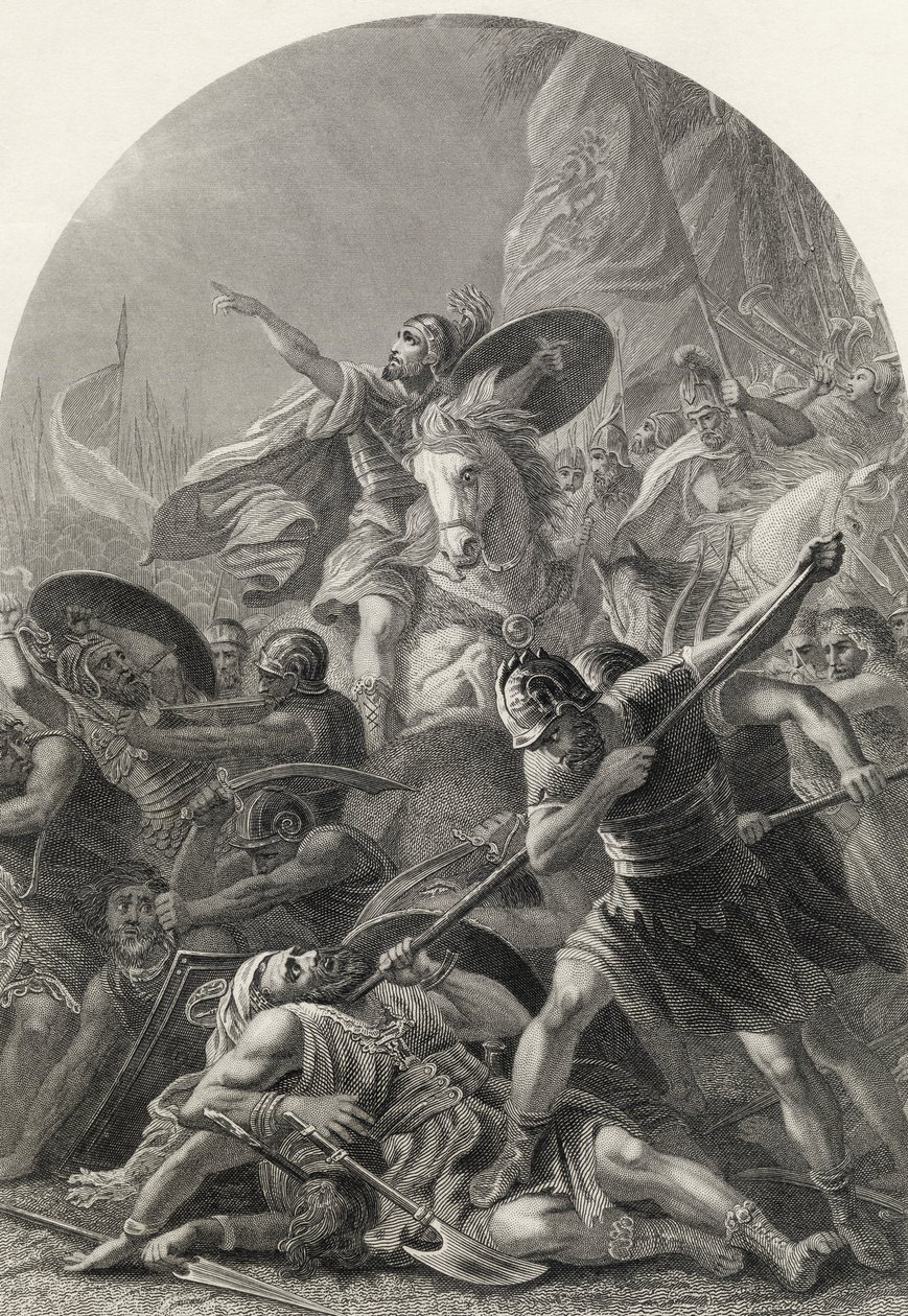 Josué ordenando ao sol que ficasse parado sobre Gibeão, gravado por S. Allen, da "Bíblia da Família Ilustrada Nacional", publicado em 1870 de Unbekannt Unbekannt