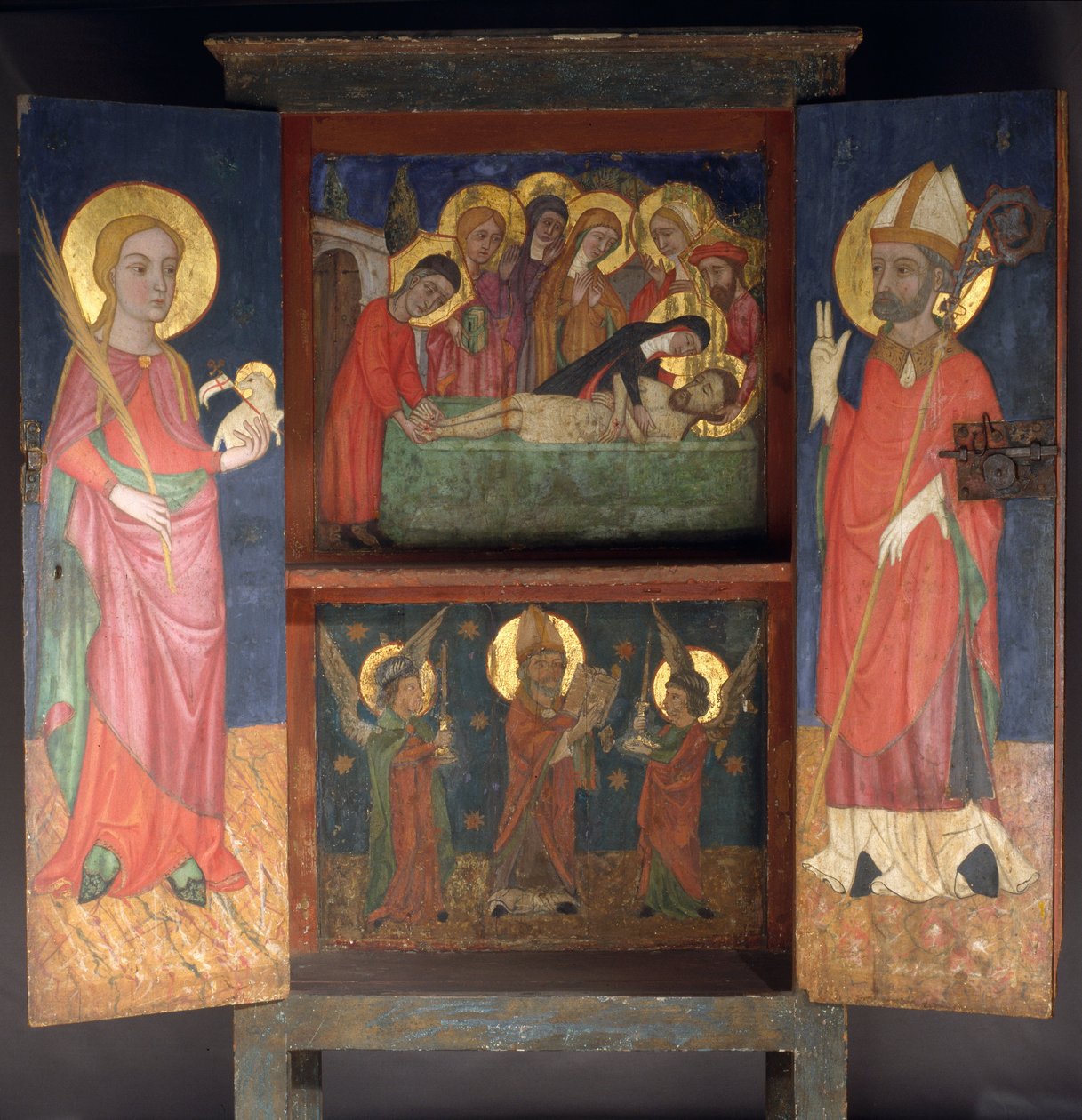 Armário Litúrgico com o Santo Enterro, Santa Inês e um Bispo Santo de Unbekannt Unbekannt