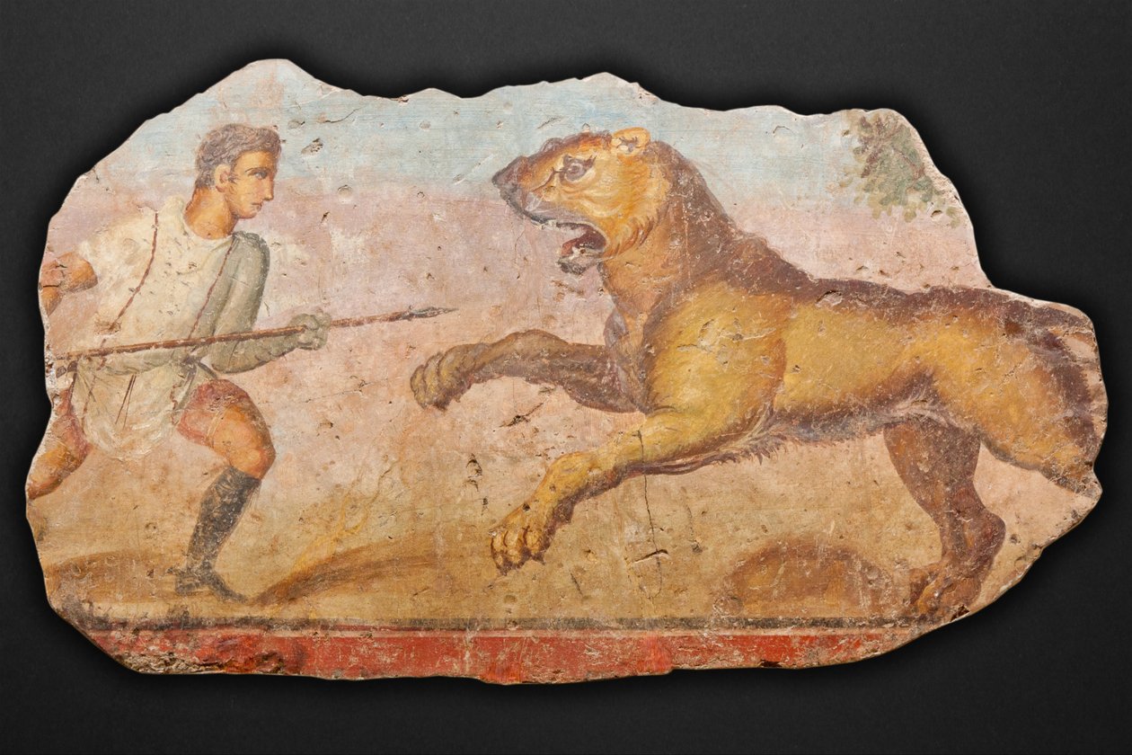 Pintura do anfiteatro. Caçador com leoa de Unbekannt Unbekannt