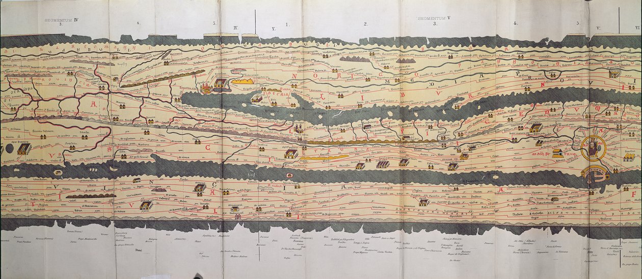 Parte da Tabula Peutingeriana (tabela de Peutinger, mapa de Peutinger), um itinerário ilustrado da rede de estradas no Império Romano Detalhe da Itália da cópia do mapa de Peutinger de Unbekannt Unbekannt