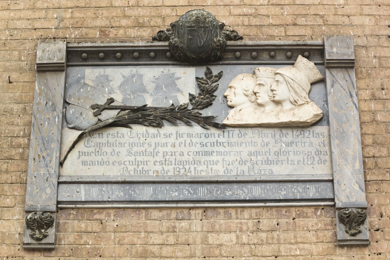 Placa comemorativa da assinatura de um contrato entre os monarcas católicos e Cristóvão Colombo em 17 de abril de 1492, que resultou na descoberta européia do Novo Mundo de Unbekannt Unbekannt