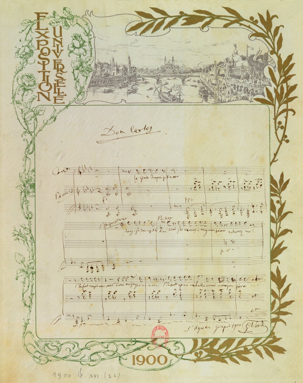 Placar da ópera "Don Carlos", de Giuseppe Verdi (1813-1901) escrito em papel impresso para a Exposição Universal de 1900 de Unbekannt Unbekannt