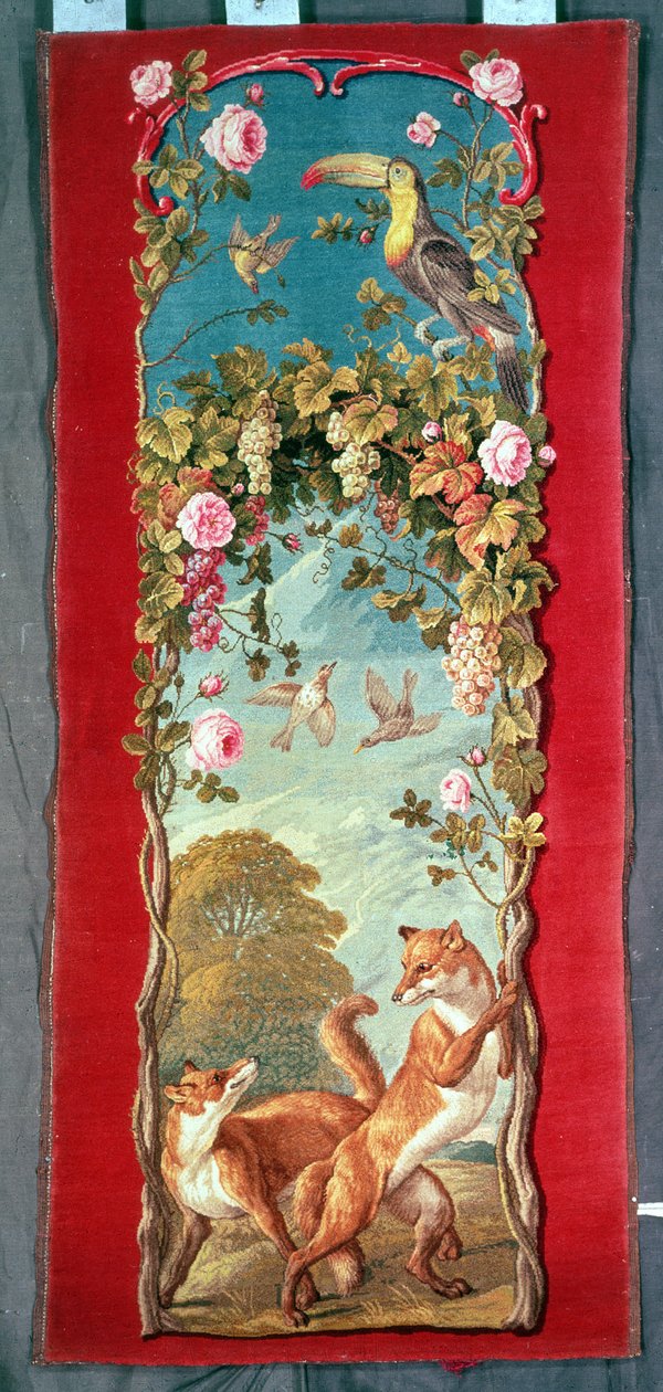 Painel de tela representando a fábula de Aesops A raposa e as uvas, tapeçaria de Savonnerie, meados do século XVIII de Unbekannt Unbekannt