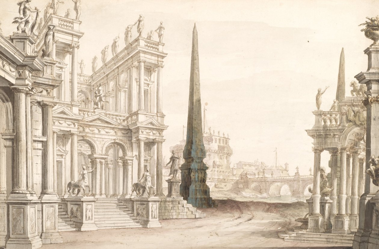 Cenário mostrando Fantasia de Roma com o Castel Sant Angelo, a Ponte Elio e os Centauros Ari ... de Unbekannt Unbekannt