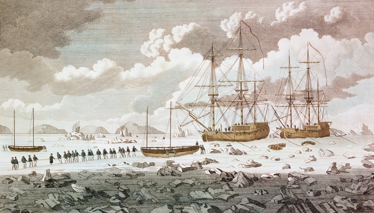 O &39;cavalo de corrida&39; e a &39;carcaça&39;, sob o comando de Constantine John Phipps, Lord Mulgrave (1744-92), ficaram presos no gelo em Spitzbergen em sua viagem para encontrar uma rota ao norte da Índia, gravada por Eas. de Unbekannt Unbekannt