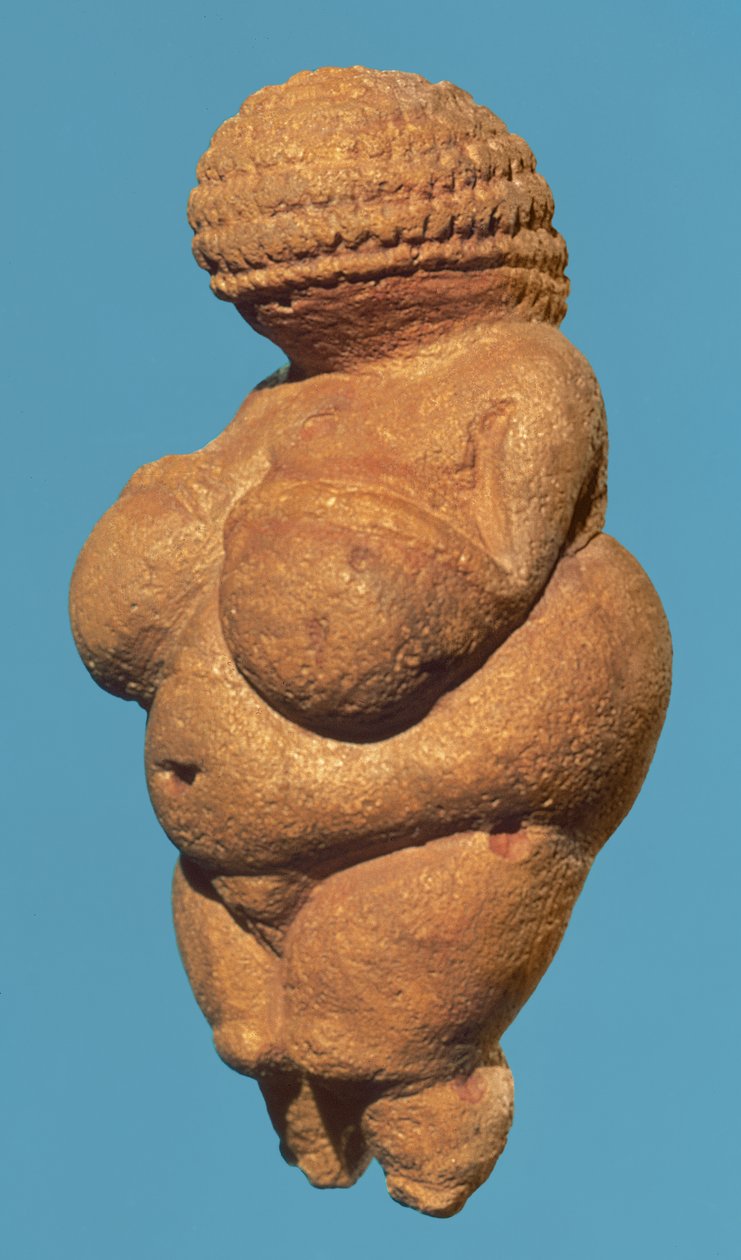Vênus de Willendorf, vista lateral da estatueta feminina, cultura gravettiana, período paleolítico superior, c.30000-18000 aC (calcário oolítico colorido com ocre vermelho) (para detalhes ver 93777) de Unbekannt Unbekannt
