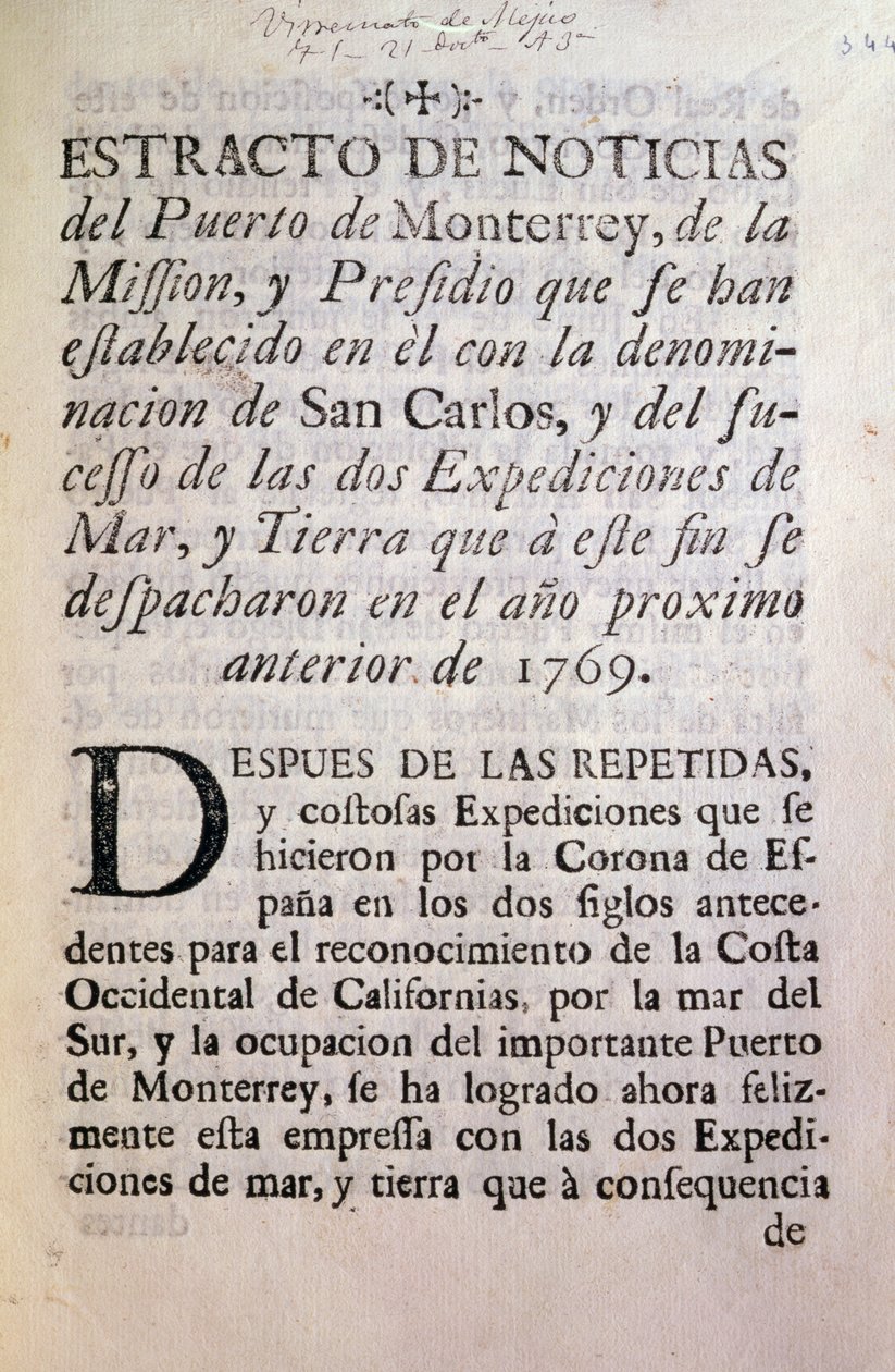 A primeira página da conta oficial da Expedição Portola de 1769-70 (papel impresso) de Unbekannt Unbekannt