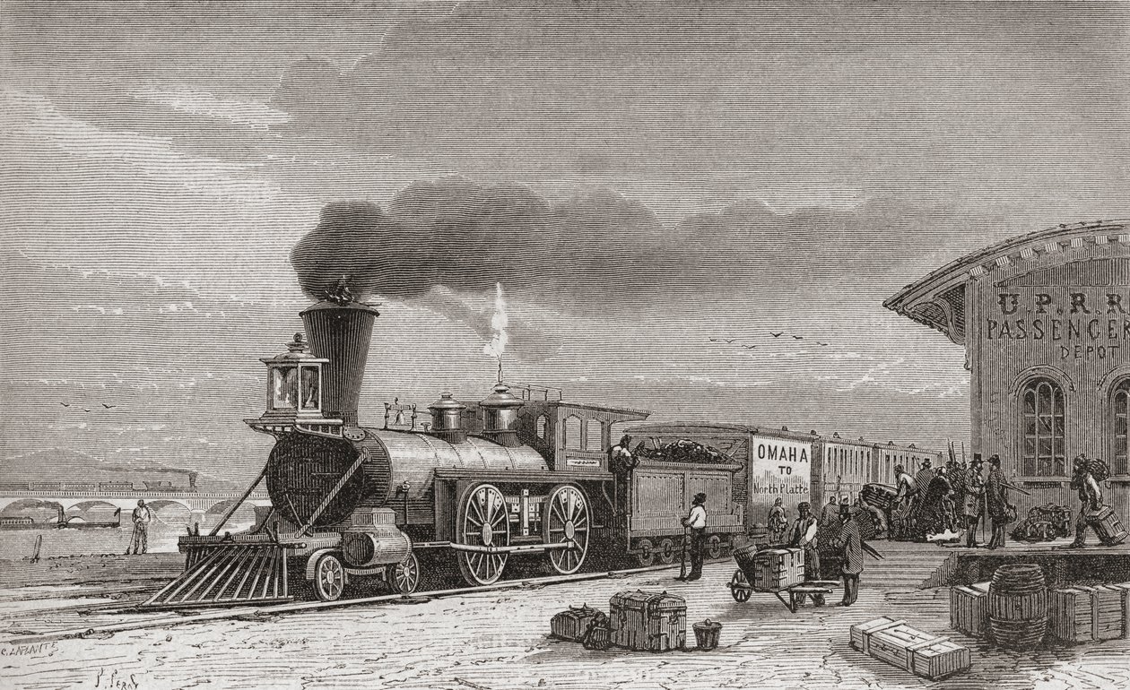 A estação de trem em Omaha, Nebraska, ponto de partida da Estrada de Ferro do Pacífico, como era em 1867, ilustração de "O mundo nas mãos", gravado por Charles Laplante (d.1903), publicado em 1878 (en de Unbekannt Unbekannt