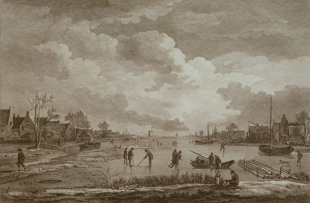 Inverno, golfe no gelo, gravura copperline por Van Drever, c.1753 de Unbekannt Unbekannt