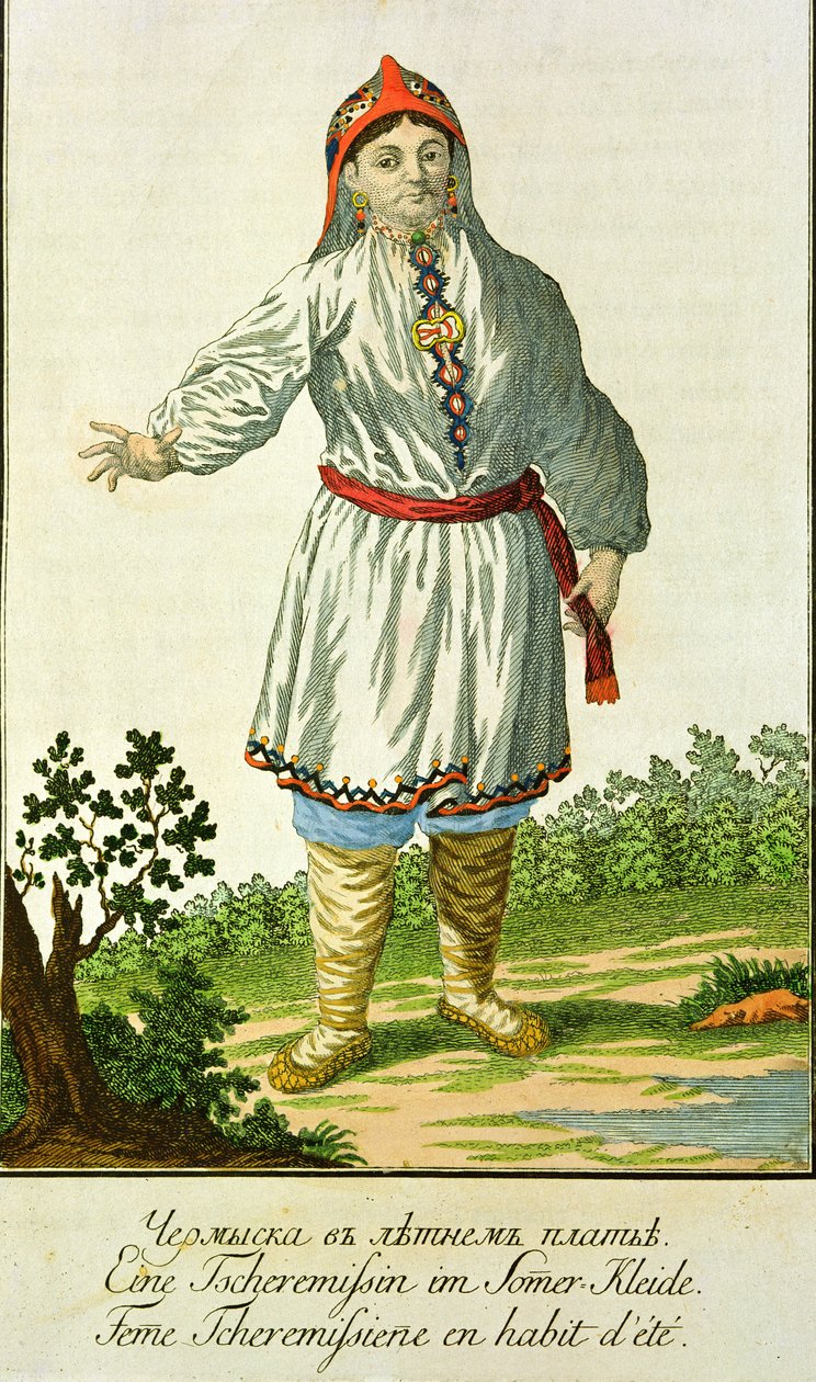 Traje de verão do camponês da mulher, tribo de Cheremes, russo, século XVIII de Unbekannt Unbekannt
