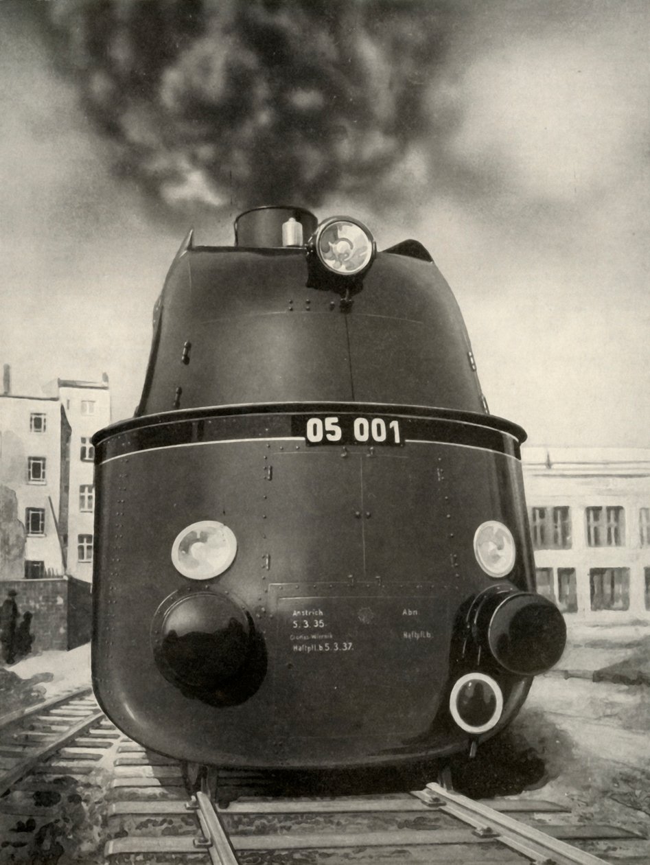 119 milhas por hora foram alcançadas em um teste realizado por esta nova locomotiva aerodinâmica alemã, 1935-36. de Unbekannt