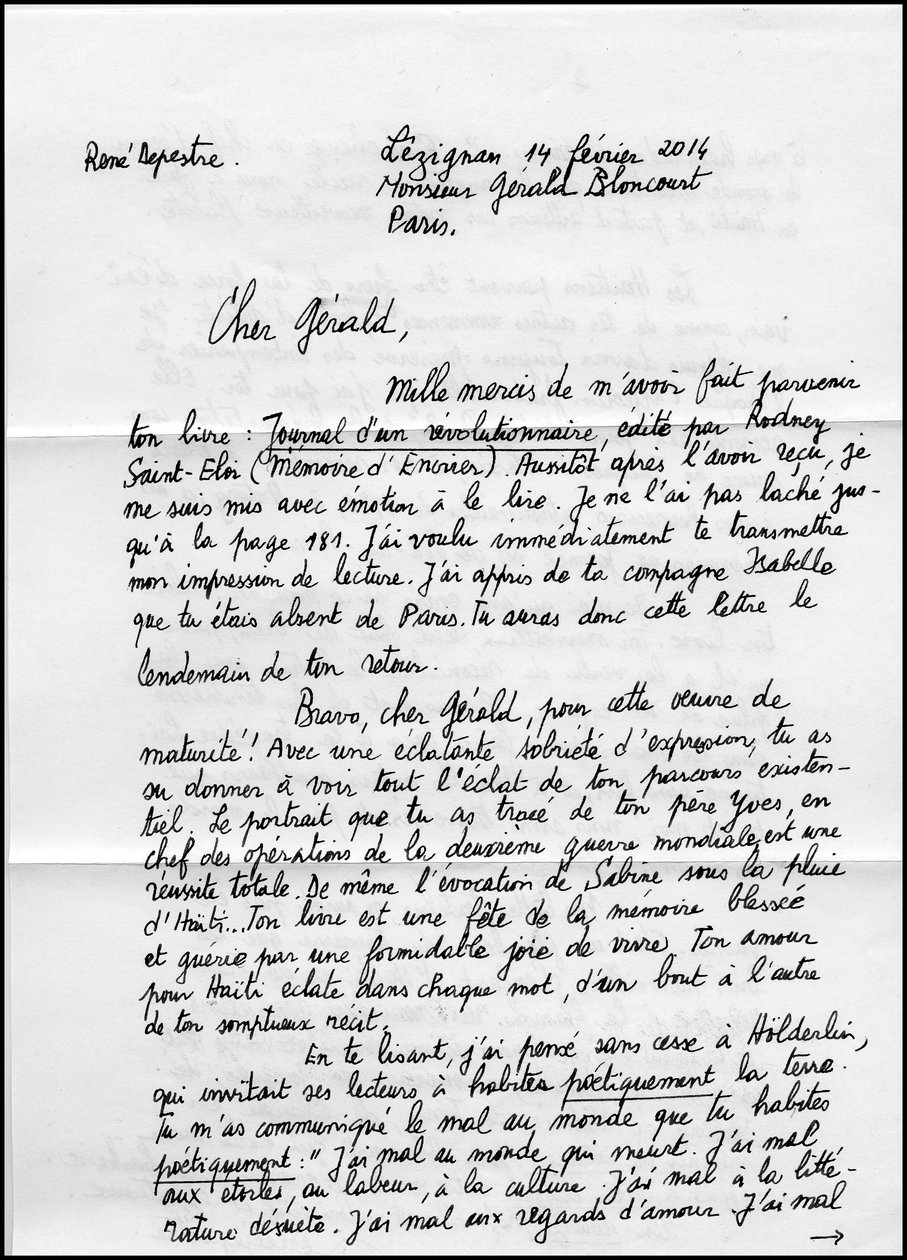 16534N CARTAS DE RENE DEPESTRE A PAGE 1 SOBRE O SEU LIVRO JOURNAL D UN REVOLUAIRE 2014? de Unbekannt