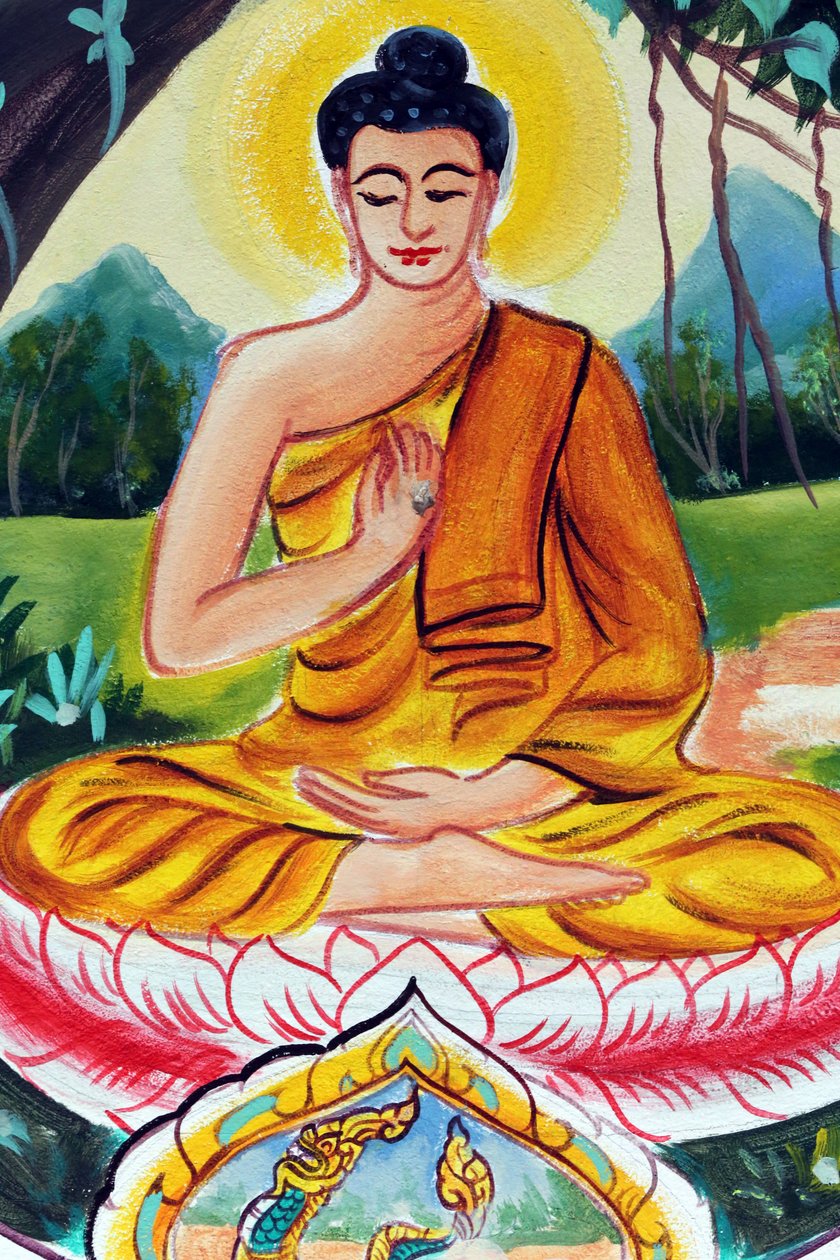 20151029, Vientiane, Laos : Wat templo budista Inpeng. Pintura retratando a história de vida de Shakyamuni Buda. O Buda Ensinante retrata um momento particular na vida do Buda, a saber, o primeiro sermão que o Buda deu depois de alcançar a Iluminação. de Unbekannt