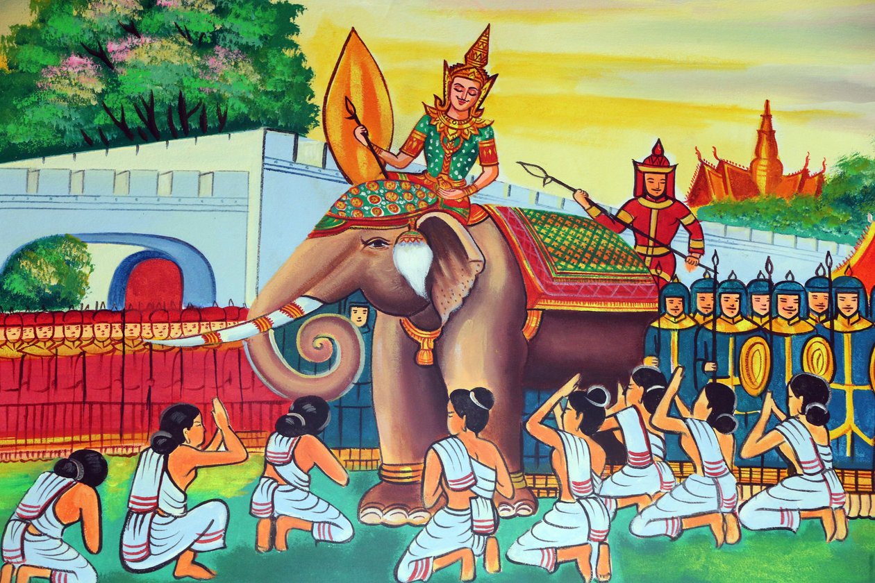 20151029, Vientiane, Laos : Wat Si Muang ( Simuong) templo budista. Pintura retratando a história de vida de Shakyamuni Buda de Unbekannt