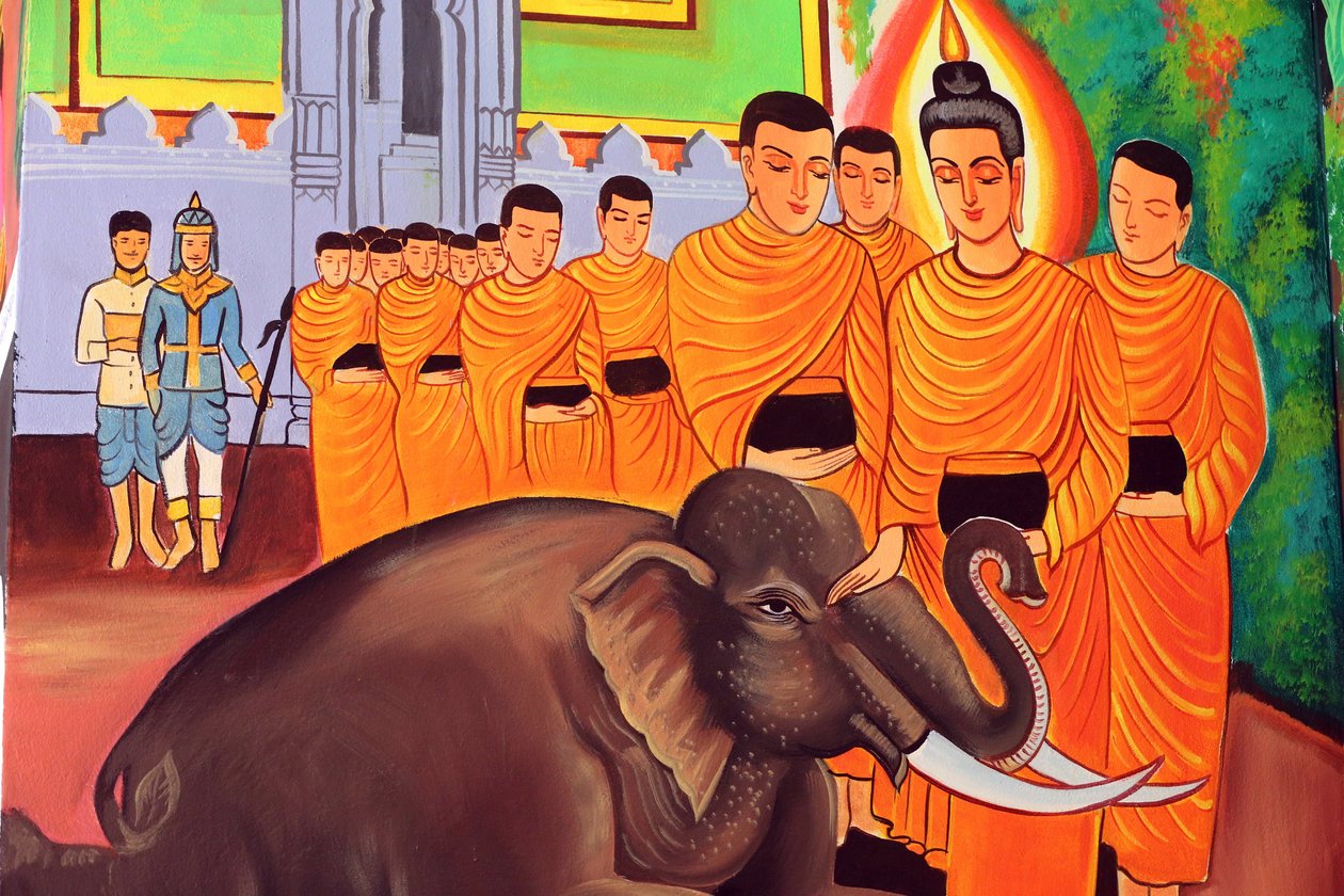 20151029, Vientiane, Laos : Wat Si Muang ( Simuong) templo budista. Pintura retratando a história de vida de Shakyamuni Buda. Um elefante selvagem domesticado pela bondade amorosa. de Unbekannt