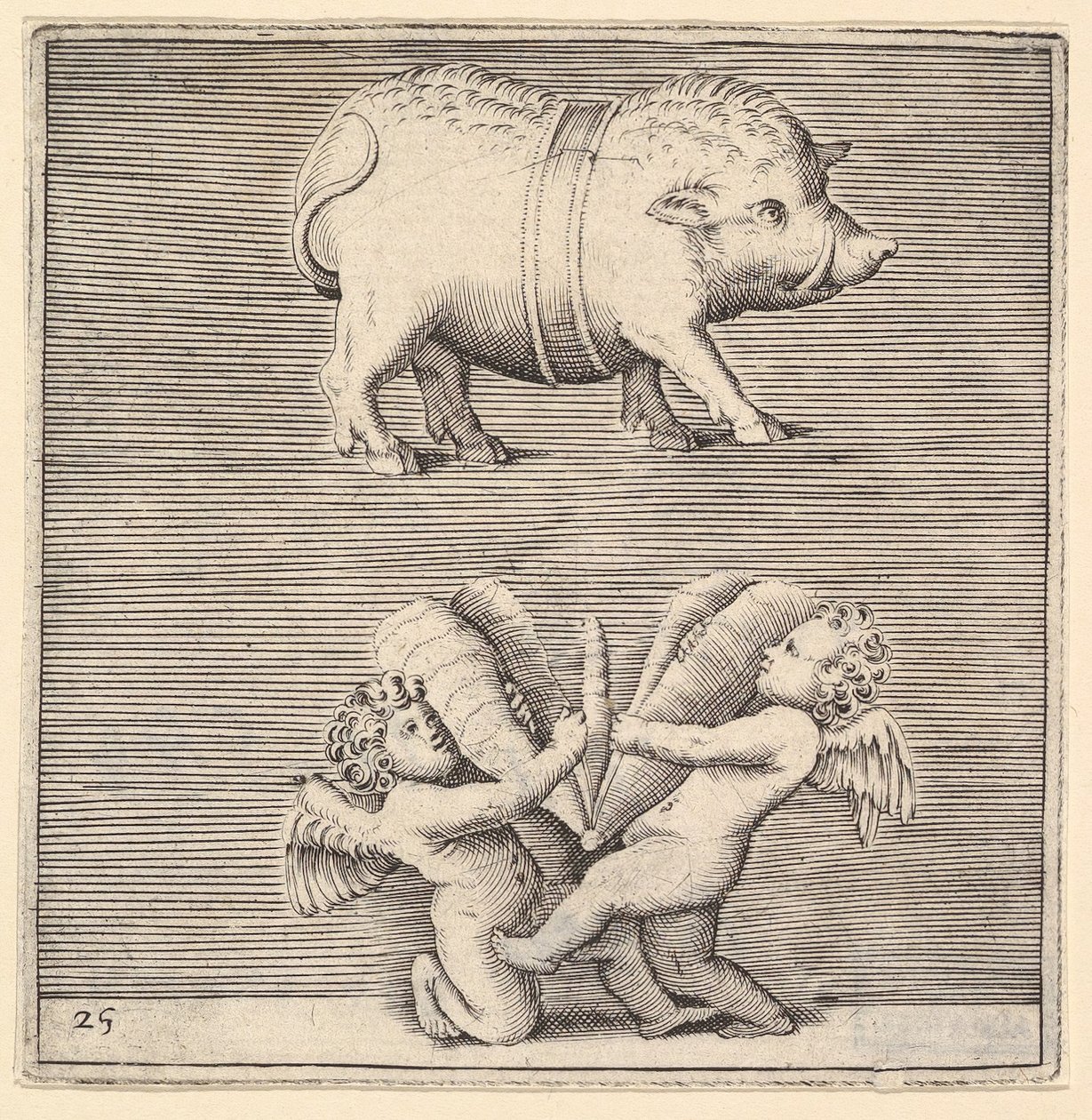Um porco com cinto e dois cupidos ou gênios com uma borboleta ou mariposa, publicado ca. 1599-1622. de Unbekannt