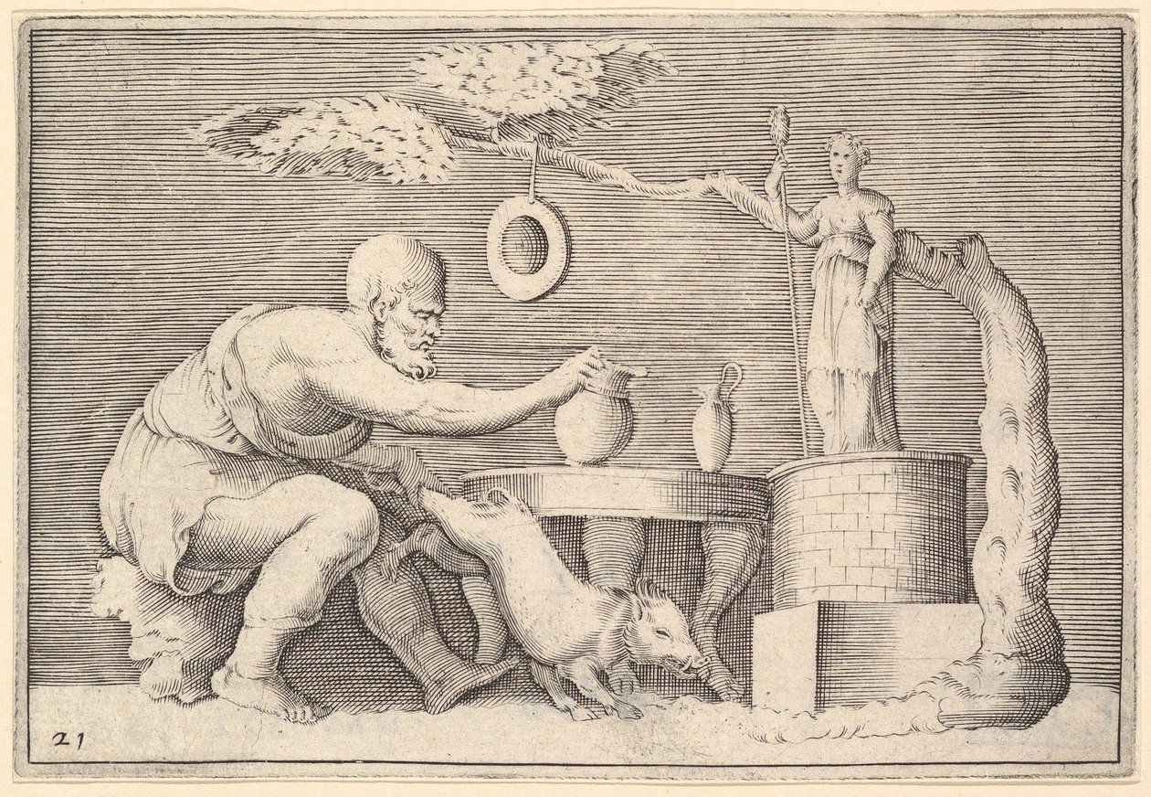 Um Fauno ou Sátiro Preparando um Porco para o Sacrifício, publicado ca. 1599-1622. de Unbekannt