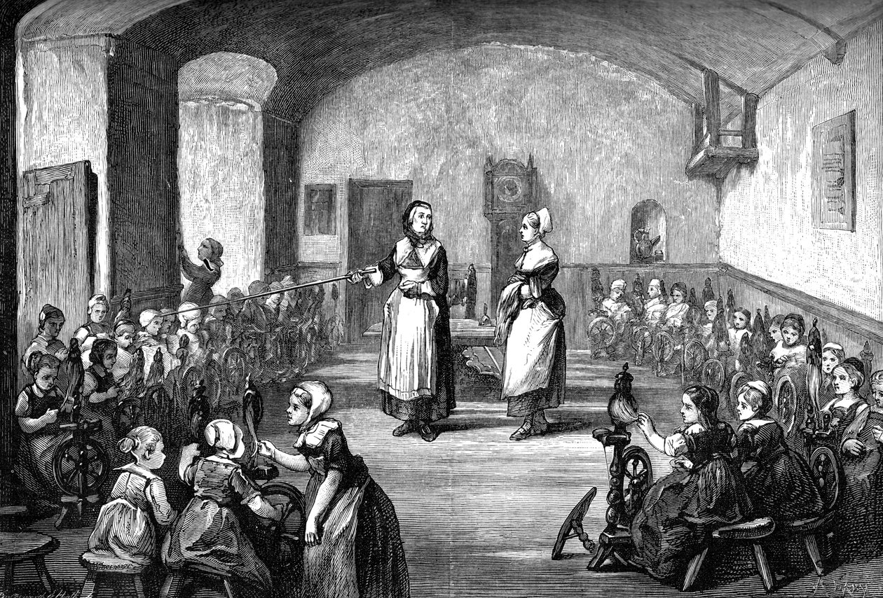 Uma escola de spinning alemã, c1880 de Unbekannt